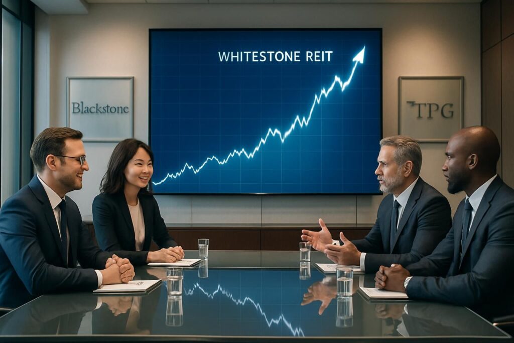 whitestone reit enregistre une hausse significative alors que blackstone et tpg manifestent un intérêt stratégique pour une acquisition majeure, soulignant une dynamique importante sur le marché immobilier.